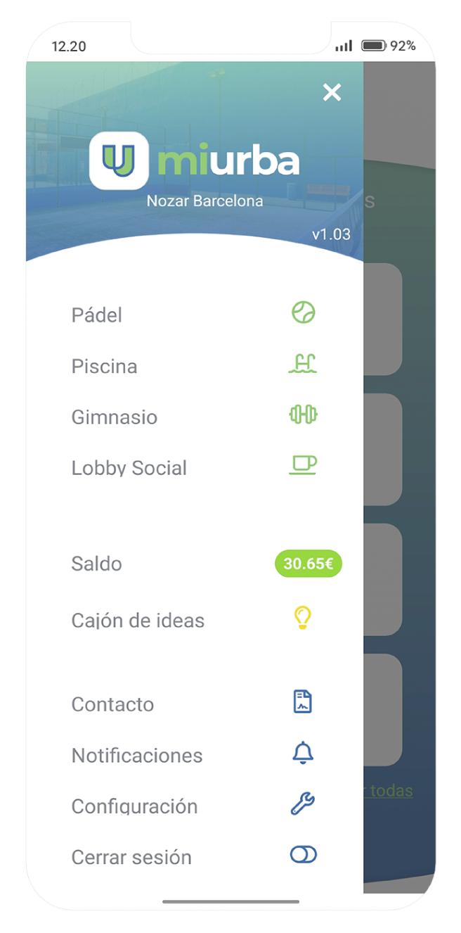 Captura de la aplicación sobre el menu